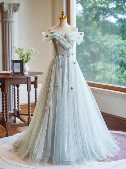 Elegant Fashion Long Evening Dress A-Line Off Shoulder Tulle Shining Long Unique Heavy handicraft Prom Dress