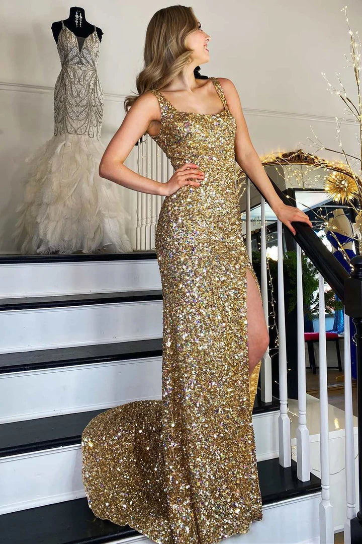 Sequin Square Neck Backless Long Formal Dress with Slit