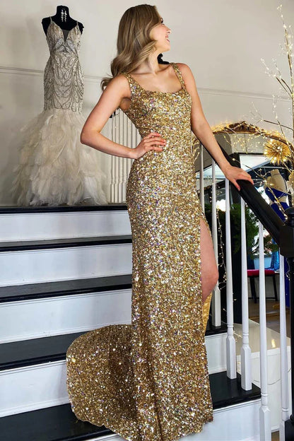 Sequin Square Neck Backless Long Formal Dress with Slit