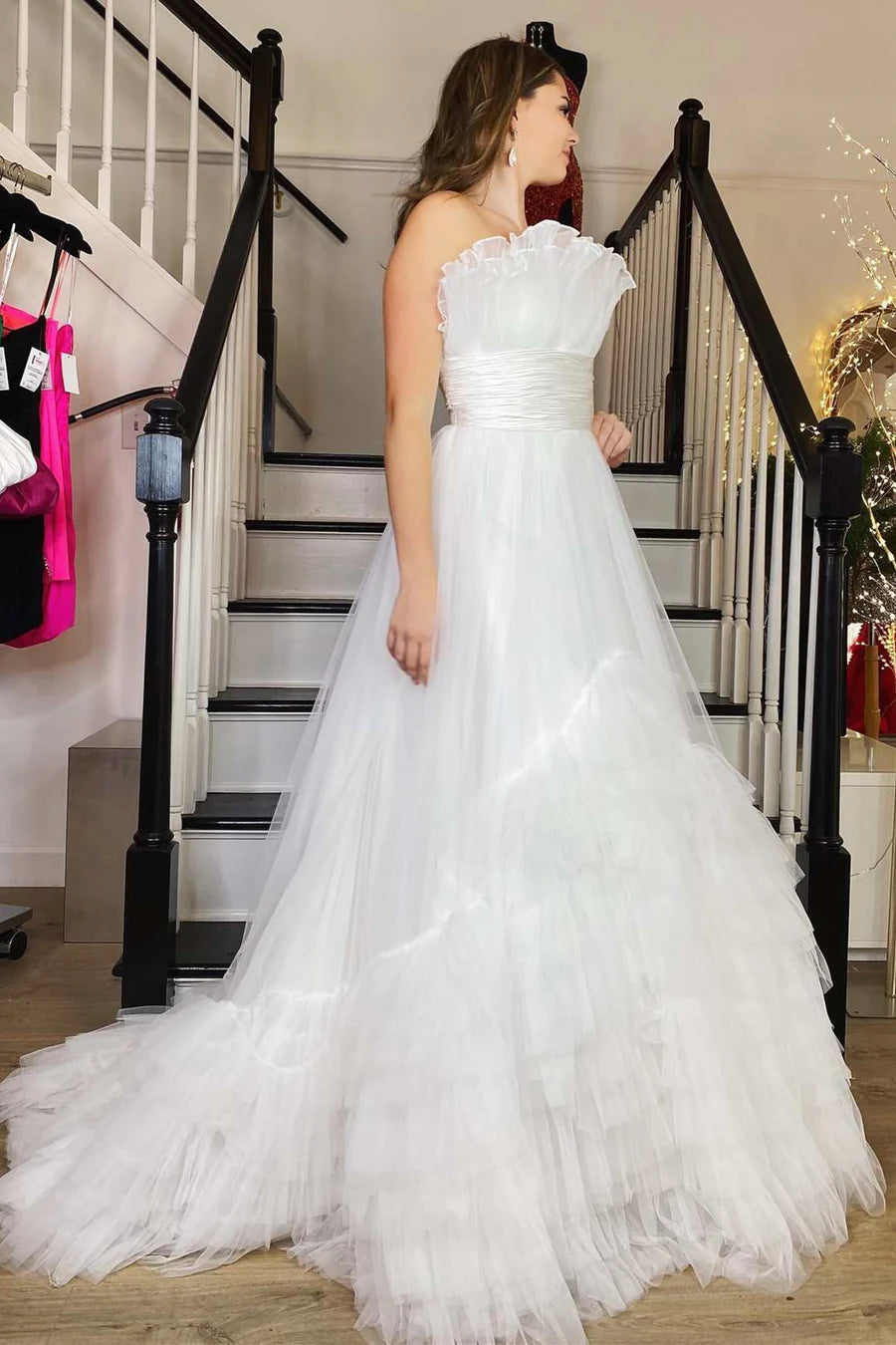 Organza Strapless Belted A-Line Tiered Prom Dress with Ruffles