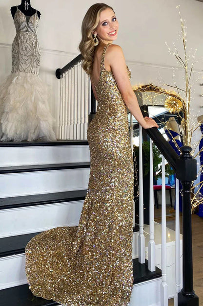 Sequin Square Neck Backless Long Formal Dress with Slit