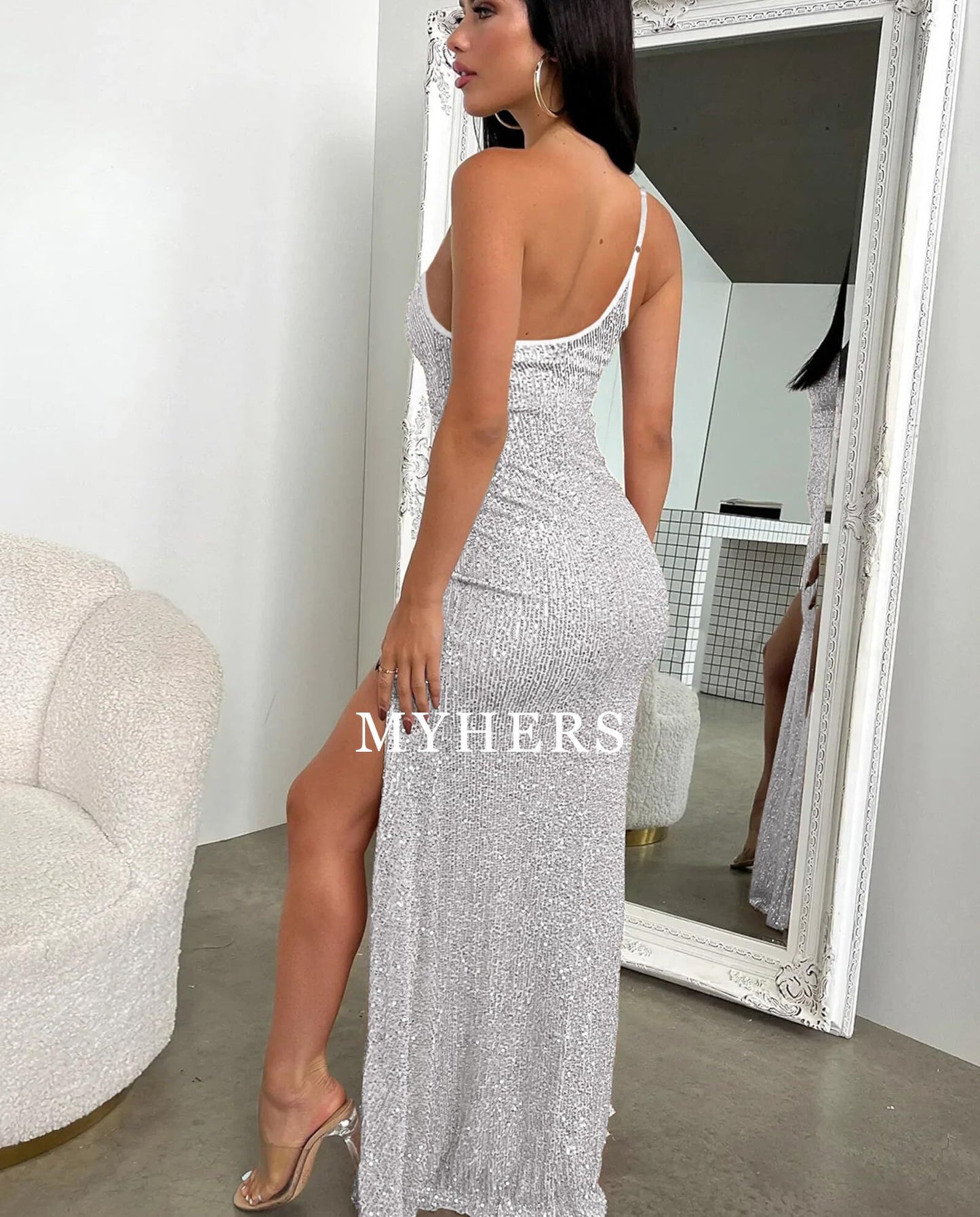 Formal Wear Dresses Sexy Sequin One Shoulder Backless Side Slit Bodycon Sparkly Glitter Evening Party Charming Prom Dress