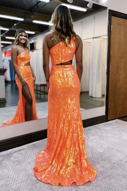 Cute Sparkly Mermaid One Shoulder Orange Sequins Long Prom Dresses with Slit