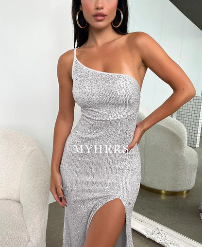 Formal Wear Dresses Sexy Sequin One Shoulder Backless Side Slit Bodycon Sparkly Glitter Evening Party Charming Prom Dress