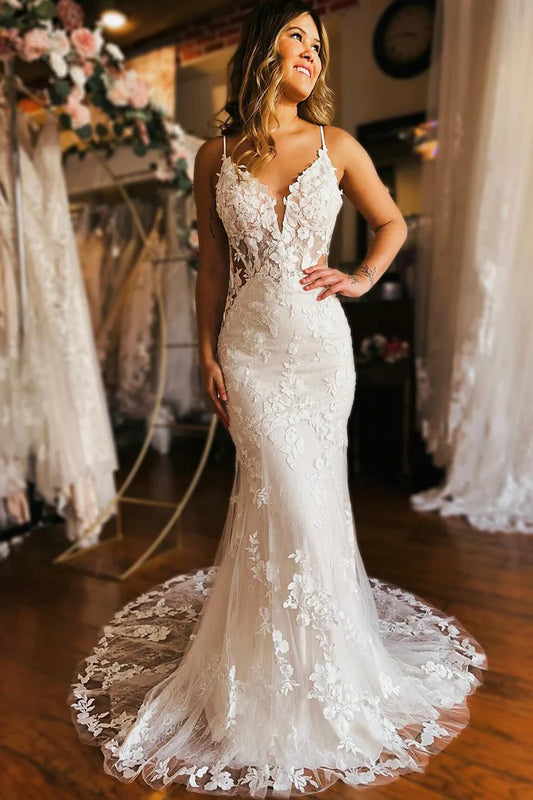 Elegant Mermaid V Neck Spaghetti Strap Lace Backless Wedding Dresses with Appliques