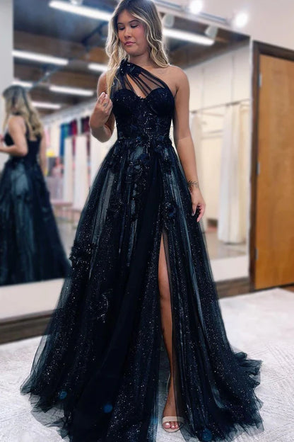 Charming Glitter A Line Sweetheart Black Tulle Prom Dresses with Appliques