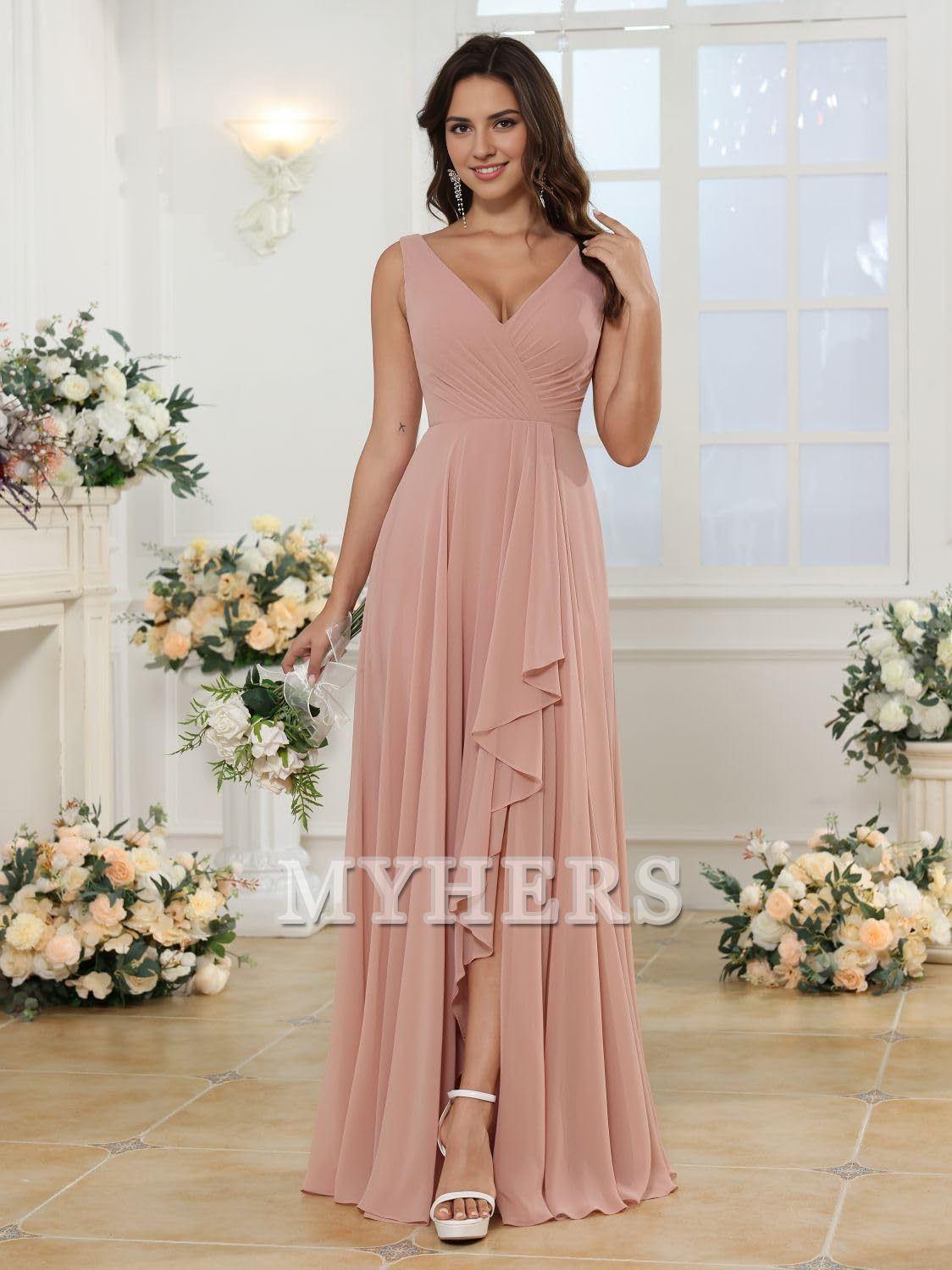 A-line V Neck Chiffon Ruched Side Fork Elegant Simple Bridesmaid Dresses Wedding Guests Dresses