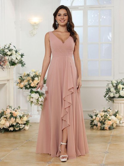 A-line V Neck Chiffon Ruched Side Fork Elegant Simple Bridesmaid Dresses Wedding Guests Dresses