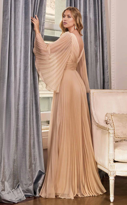 Wedding Guest Formal  Dresses Unique Mother of the Bride Dress Long sleeves Wrinkle Deep V Neck Dresses