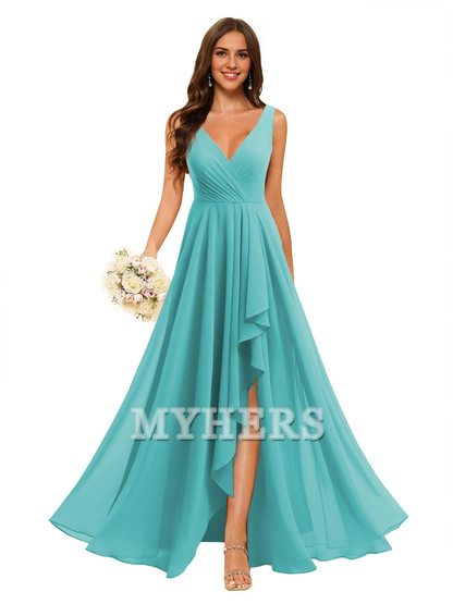 A-line V Neck Chiffon Ruched Side Fork Elegant Simple Bridesmaid Dresses Wedding Guests Dresses