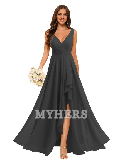 A-line V Neck Chiffon Ruched Side Fork Elegant Simple Bridesmaid Dresses Wedding Guests Dresses