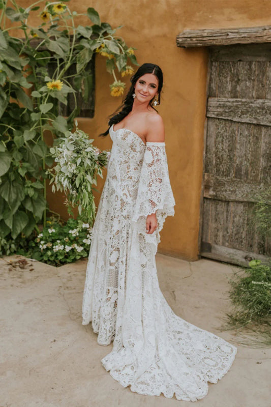 Bohomian Mermaid V Neck Off-the-Shoulder Lace Long Sleeve Beach Wedding Dresses