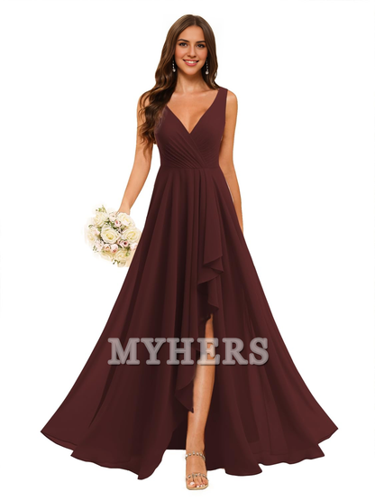 A-line V Neck Chiffon Ruched Side Fork Elegant Simple Bridesmaid Dresses Wedding Guests Dresses