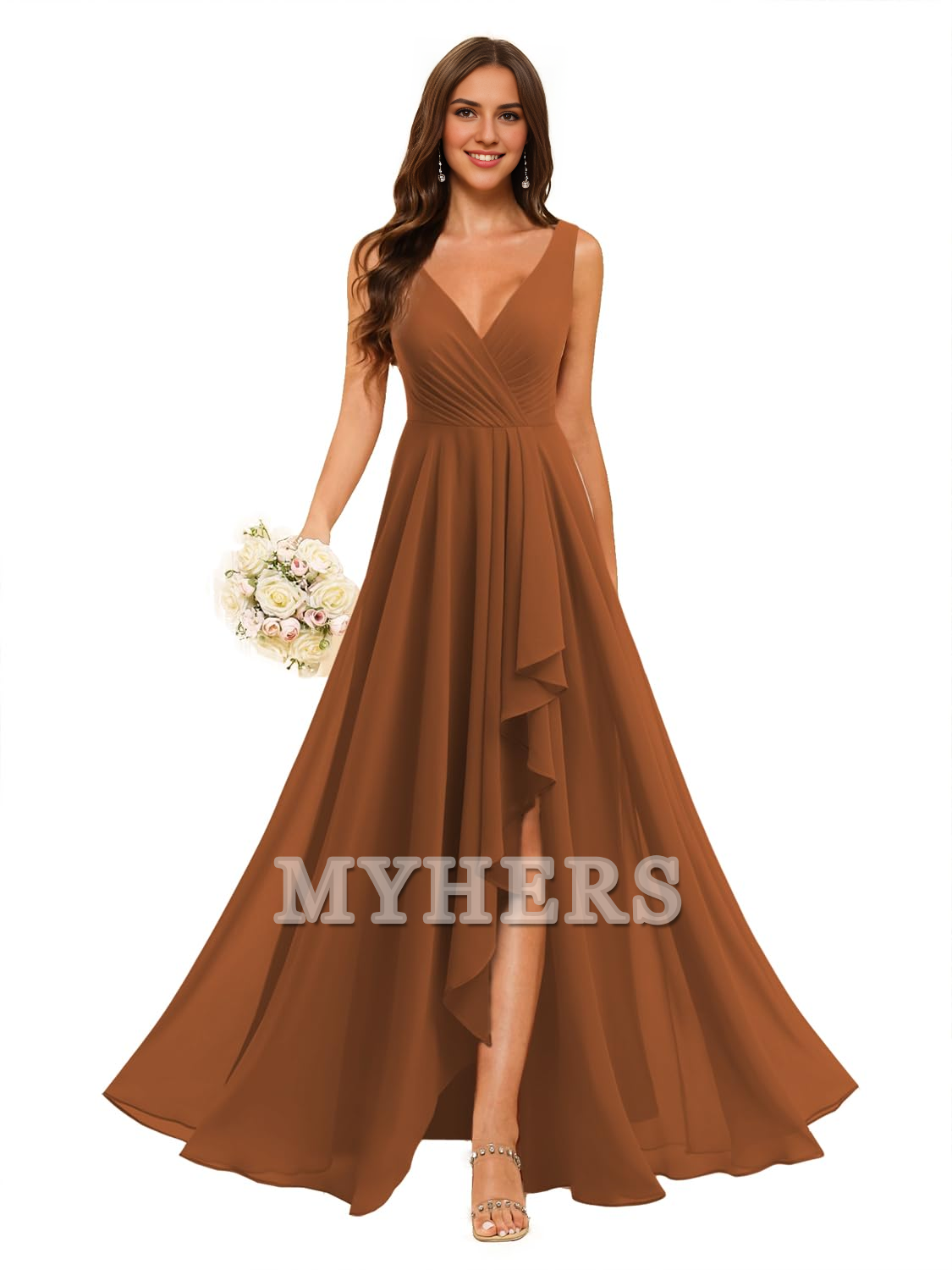 A-line V Neck Chiffon Ruched Side Fork Elegant Simple Bridesmaid Dresses Wedding Guests Dresses