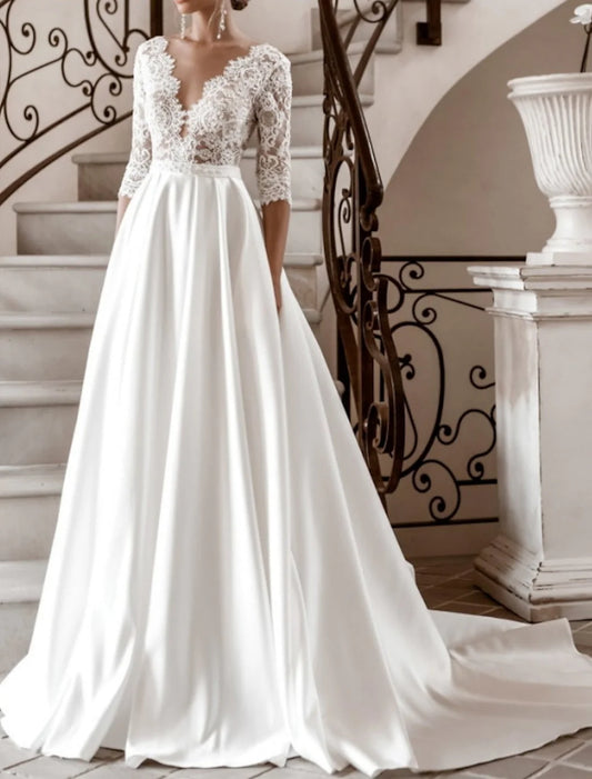 A-Line/Princess Satin V-Neck Floor-length Lace Backless Wedding Dress