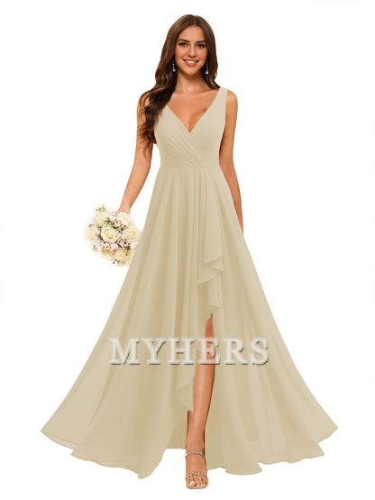 A-line V Neck Chiffon Ruched Side Fork Elegant Simple Bridesmaid Dresses Wedding Guests Dresses