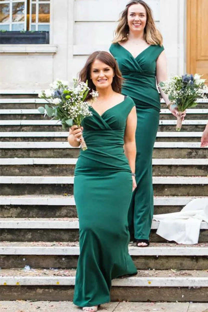 Hunter Green V-Neck Mermaid Pleats Split Fork Long Bridesmaid Dress