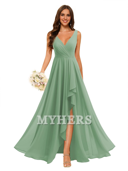 A-line V Neck Chiffon Ruched Side Fork Elegant Simple Bridesmaid Dresses Wedding Guests Dresses