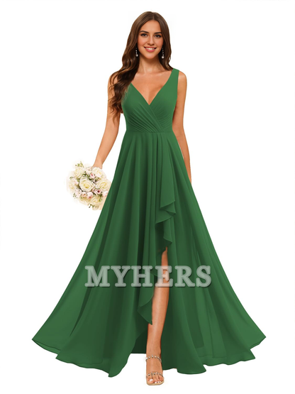 A-line V Neck Chiffon Ruched Side Fork Elegant Simple Bridesmaid Dresses Wedding Guests Dresses