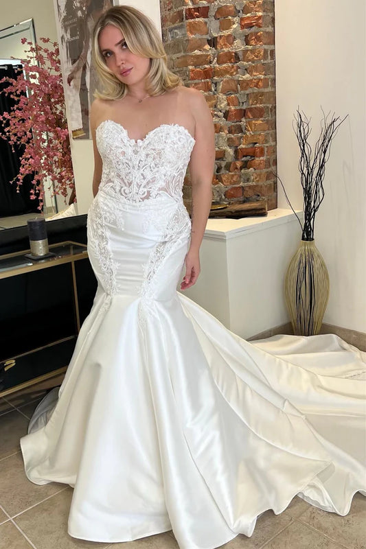 White Satin Lace Backless Strapless Off-the-Shoulder Trumpet Long Wedding Dress ﻿