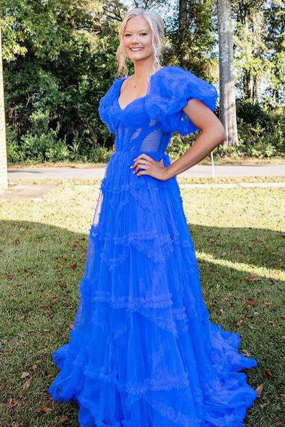 Sheer Corset Ruffles A-Line Prom Dress with Puff Sleeves