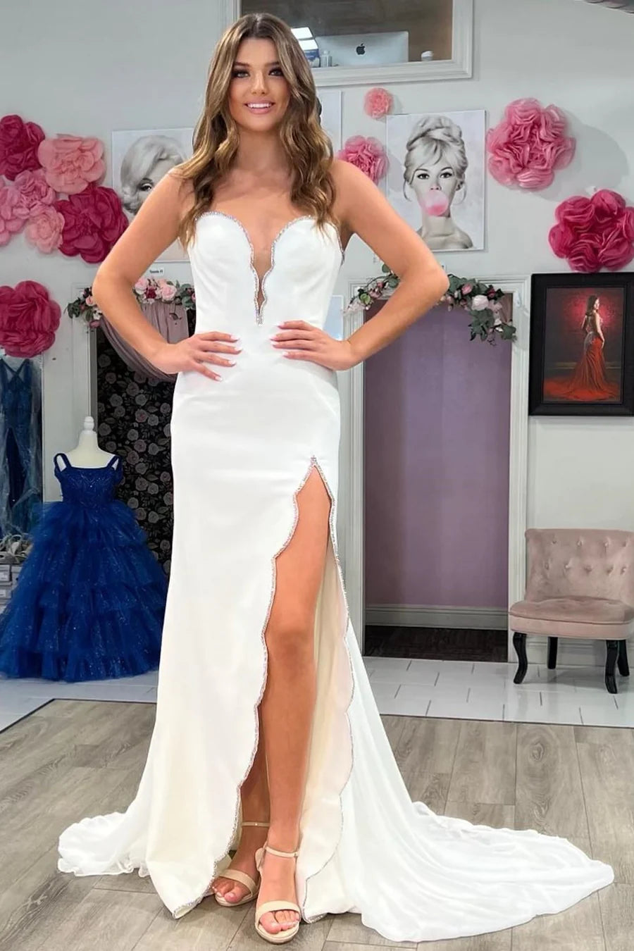 Beaded Strapless Mermaid Long Formal Dress with Slit