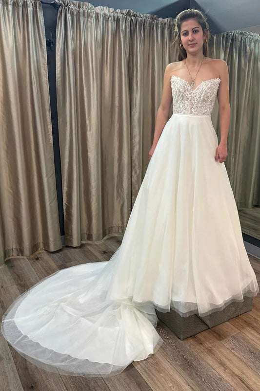 White V-Neck Strapless Off-the-Shoulder High-Low Tulle Mopping The Floor Wedding Dress