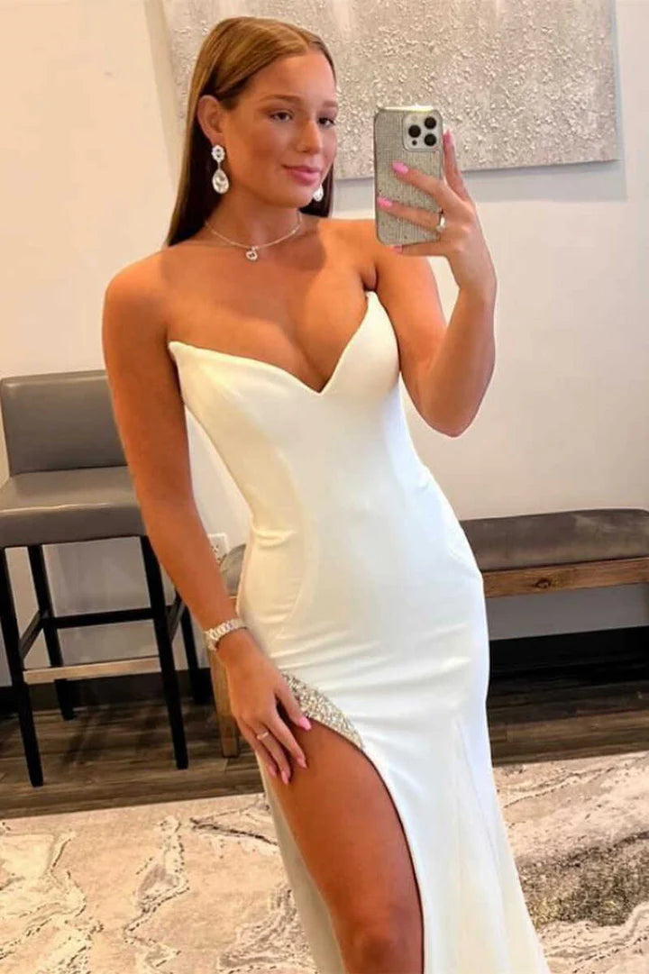 Strapless Mermaid Long Prom Dress with Bead Trimmed Slit