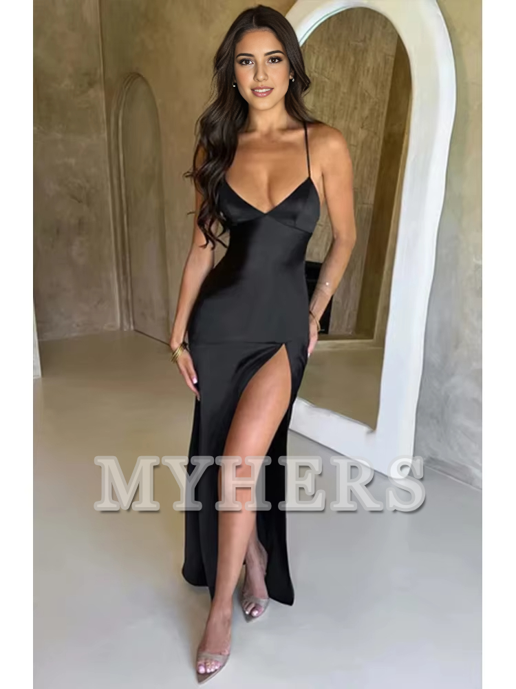 Bandage Backless Elegant Dress Side Fork Spaghetti Strap Slim Cocktail Party Club Fashion Satin Solid Lace-Up Long Dresses Evening Dress Formal Women's Dresses