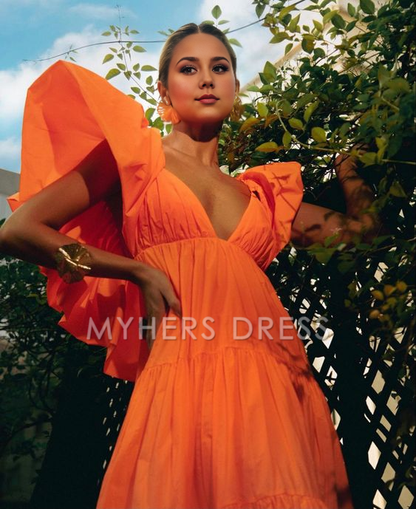 My Hers Prom Dress A-Line Deep V Neck Short Sleeves Pleated Long Exquisite Fashion Ladies Formal Dress