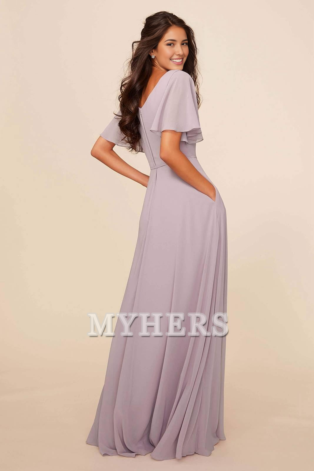 Chiffon Modest A Line Bateau Neck Flutter Sleeve Elegant Bridesmaid Dresses Wedding Guests Dresses