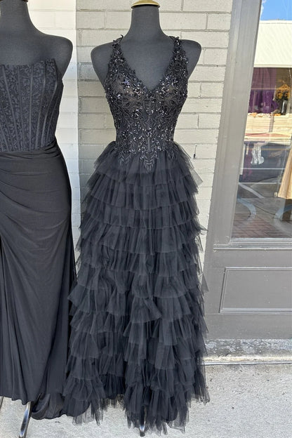 V-Neck Lace Appliques Ruffle Tiered Long Prom Dress