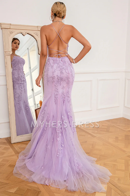 My Hers Ladies Formal Dress Charming Mermaid Spaghetti Strap Backless Long With Exquisite Appliques Prom Dress