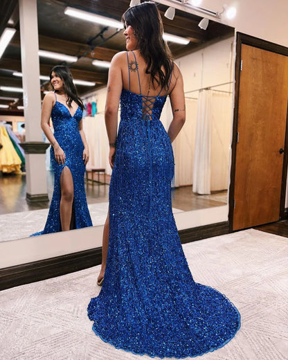 Charming Mermaid V Neck Spaghetti Strap Burgundy Sequins Long Prom Dresses with Beaded