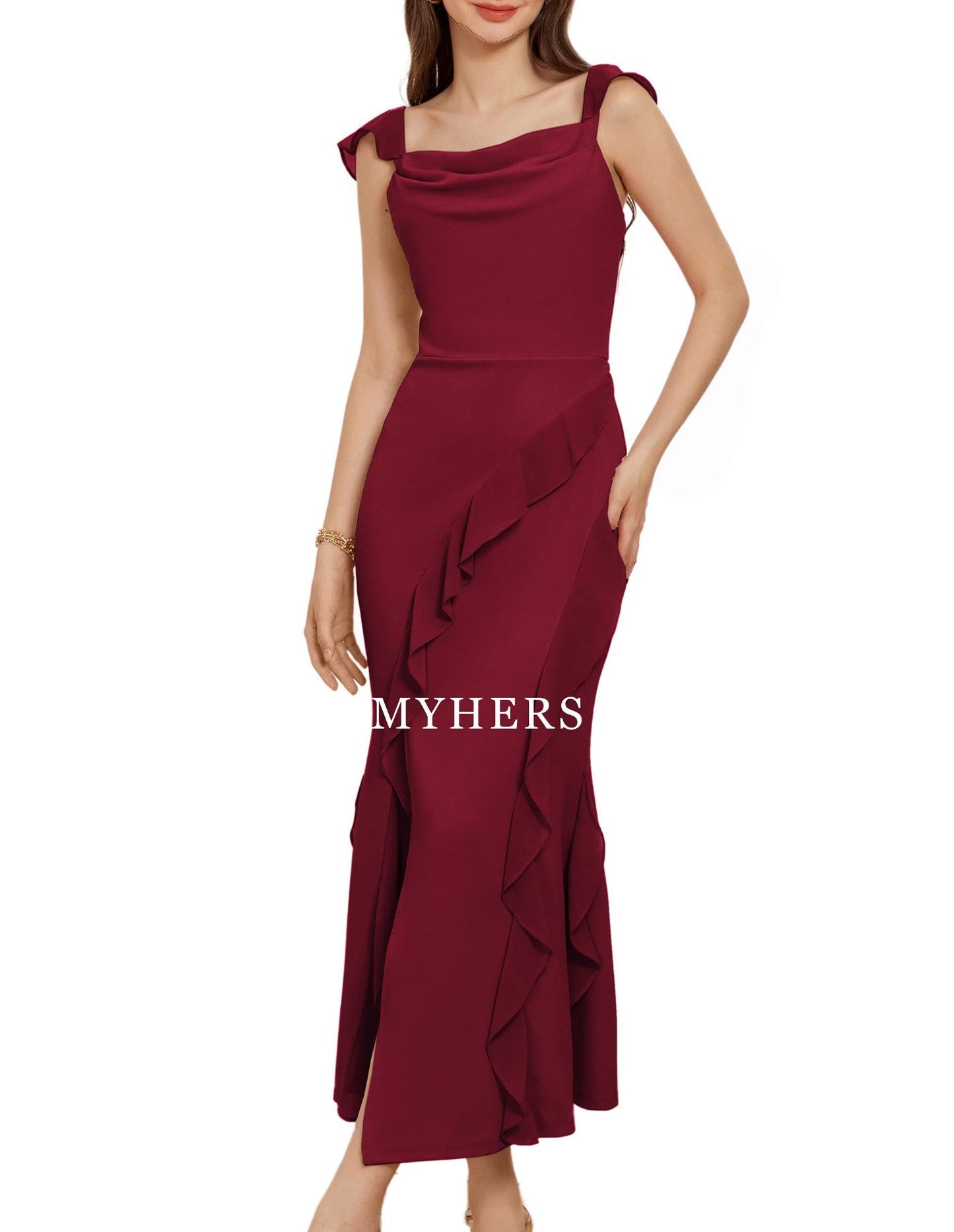 Formal Wear Dresses Cowl Neck Sleeveless Ruffled Fishtail Dress High Slit Bodycon Party Maxi Dress Prom Dress