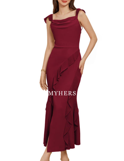 Formal Wear Dresses Cowl Neck Sleeveless Ruffled Fishtail Dress High Slit Bodycon Party Maxi Dress Prom Dress