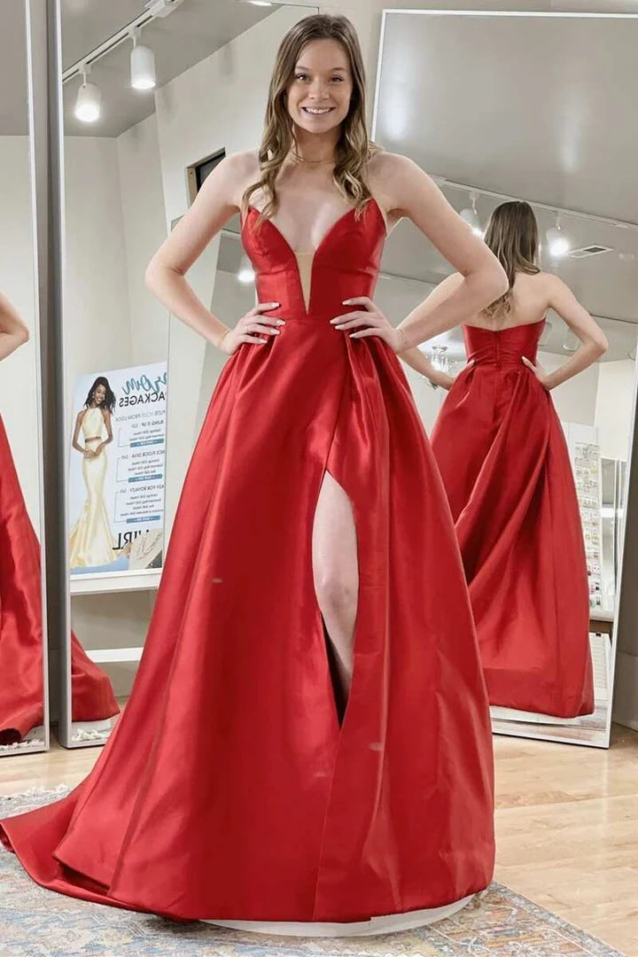 Satin V-Neck Strapless A-Line Prom Dress