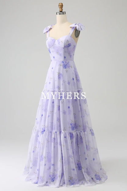 Formal Wear Dresses A-Line Floral Print Lace Up Floor Length Romantic High Quality Prom Dress