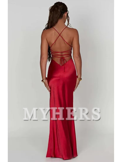 Bandage Backless Elegant Dress Side Fork Spaghetti Strap Slim Cocktail Party Club Fashion Satin Solid Lace-Up Long Dresses Evening Dress Formal Women's Dresses