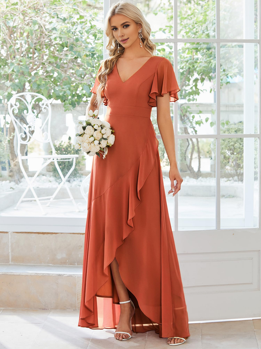 A Line V Neck Ruffle High Low Chiffon Elegant Simple Bridesmaid Dresses Wedding Guests Dresses
