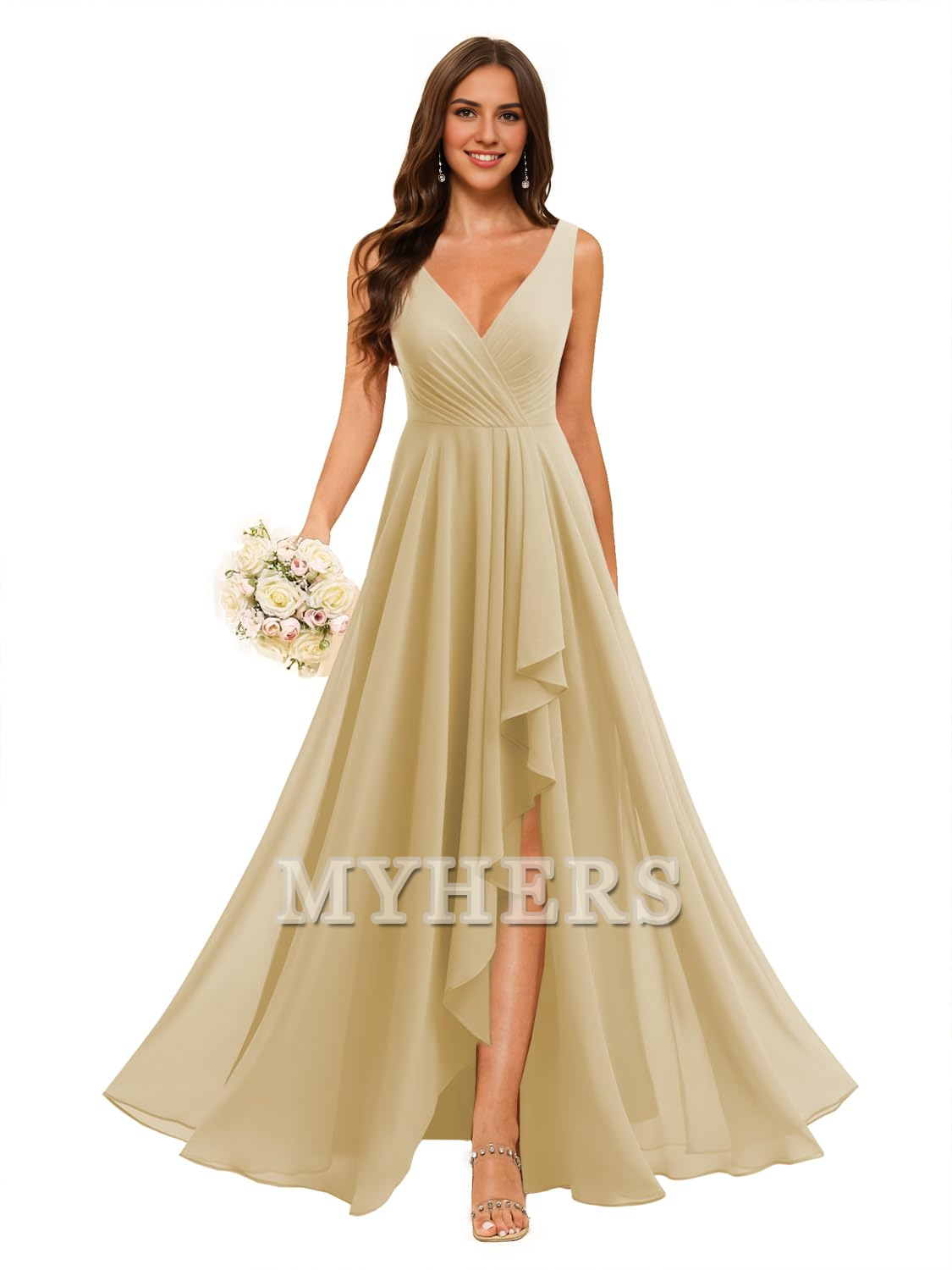 A-line V Neck Chiffon Ruched Side Fork Elegant Simple Bridesmaid Dresses Wedding Guests Dresses
