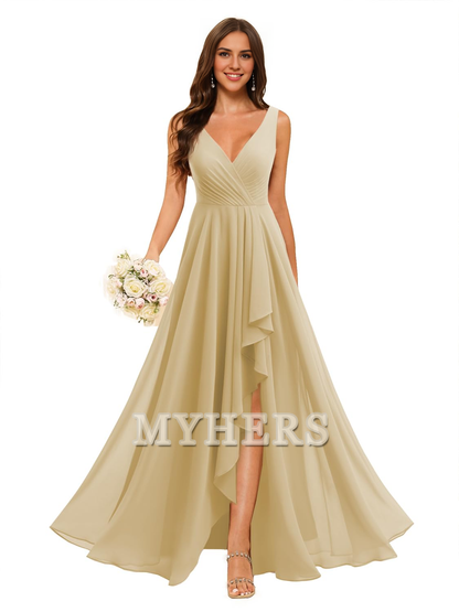 A-line V Neck Chiffon Ruched Side Fork Elegant Simple Bridesmaid Dresses Wedding Guests Dresses