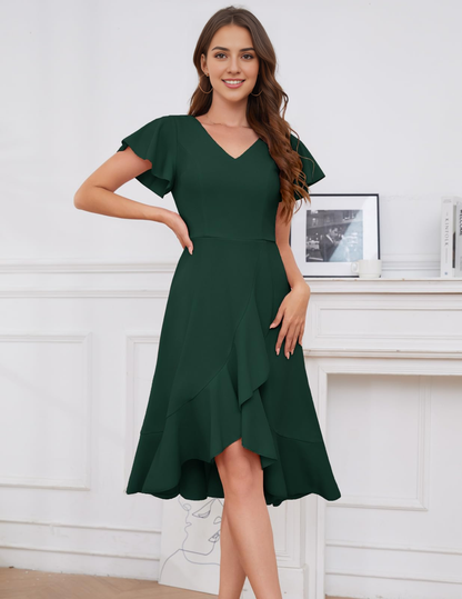 A Line V-Neck Irregular Ruched Elegant Simple Short Skirt Bridesmaid Dresses Wedding Guests Dresses