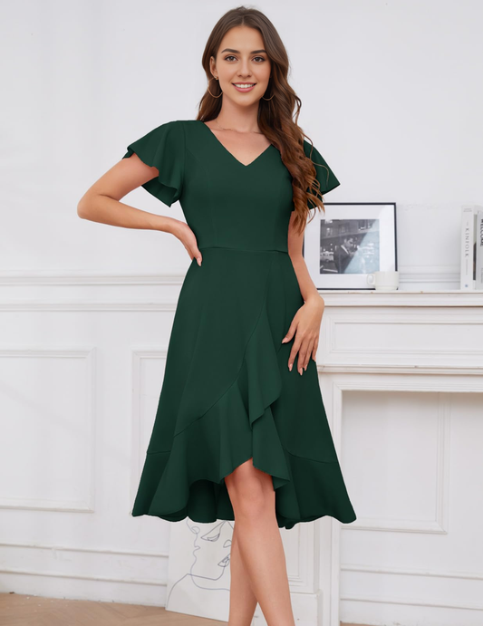 A Line V-Neck Irregular Ruched Elegant Simple Short Skirt Bridesmaid Dresses Wedding Guests Dresses