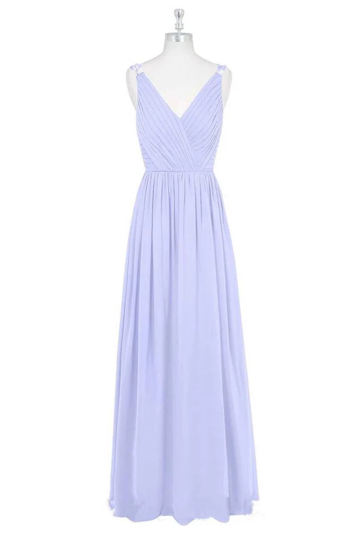 Lavender Chiffon V-Neck Backless A-Line Pleats Long Bridesmaid Dress ﻿