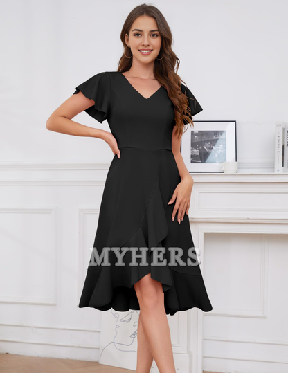 A Line V-Neck Irregular Ruched Elegant Simple Short Skirt Bridesmaid Dresses Wedding Guests Dresses