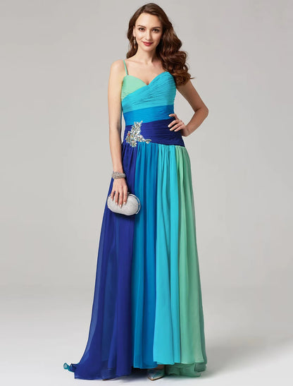 A-Line Color Block Dress Wedding Guest Sweep / Brush Train Sleeveless Sweetheart Chiffon Backless with Pleats Ruched Crystals