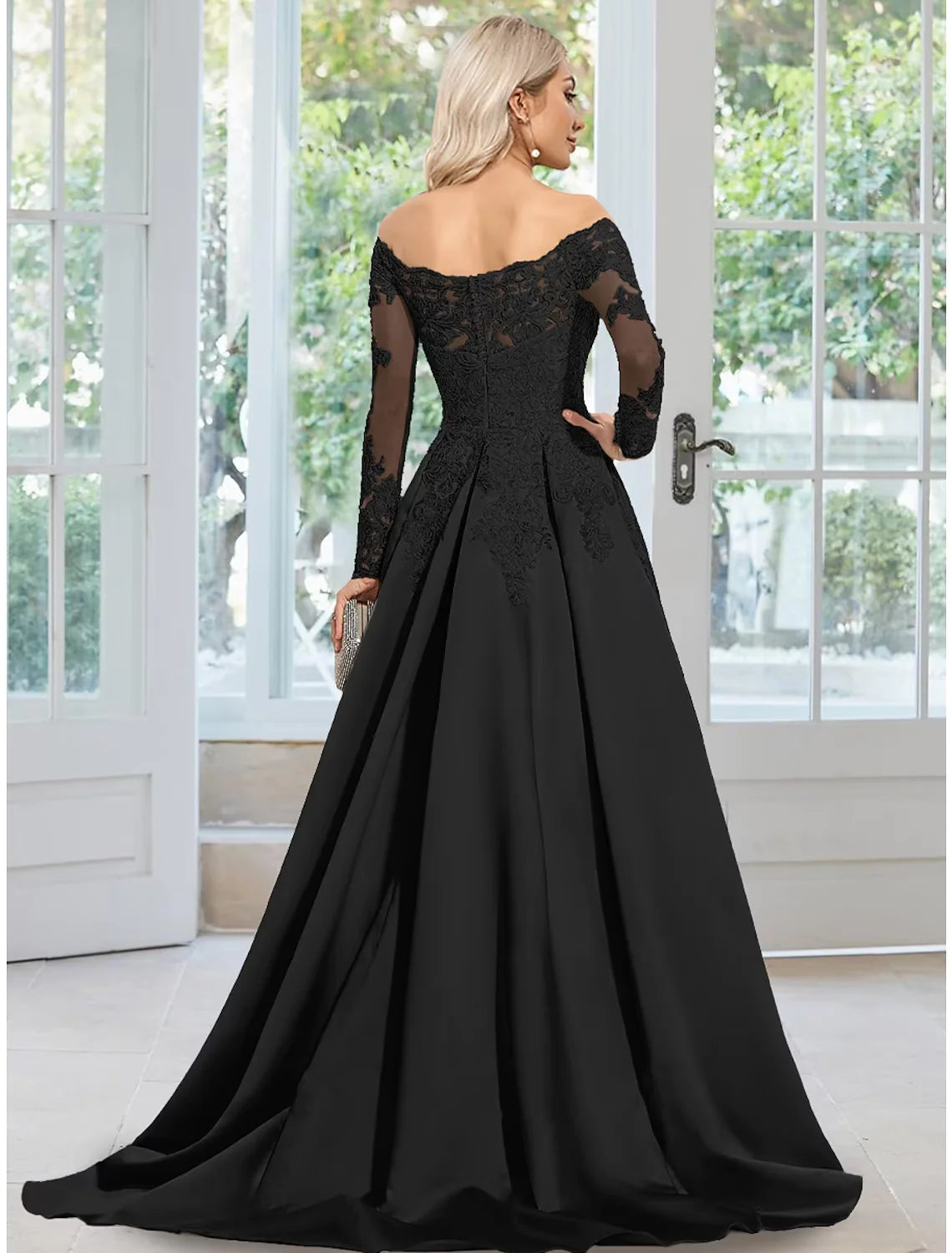 A-Line Evening Gown Floral Dress Formal Court Train Long Sleeve Off Shoulder Satin with Appliques