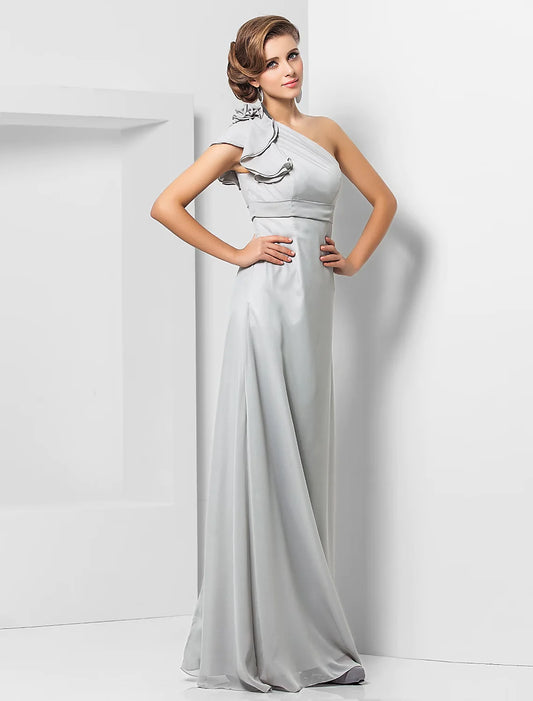 Sheath / Column Elegant Dress Wedding Guest Floor Length Sleeveless One Shoulder Chiffon with Sash / Ribbon Appliques