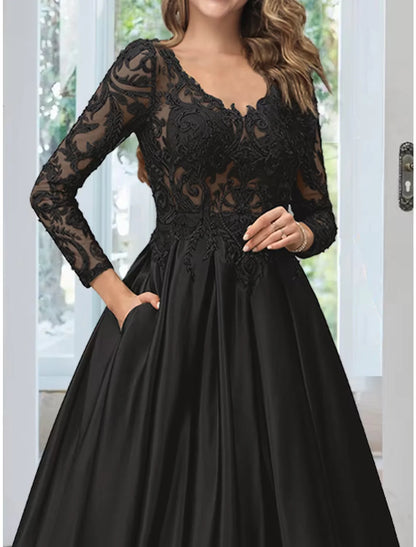 A-Line Evening Gown Black Dress Formal Floor Length Long Sleeve V Neck Lace with Appliques